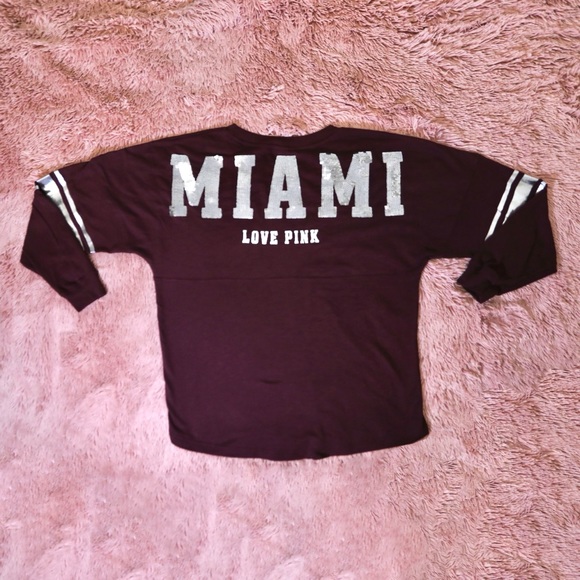PINK Victoria's Secret Tops - Victoria’s Secret Pink Destination Bling Sequin Miami Maroon Long Sleeve Shirt